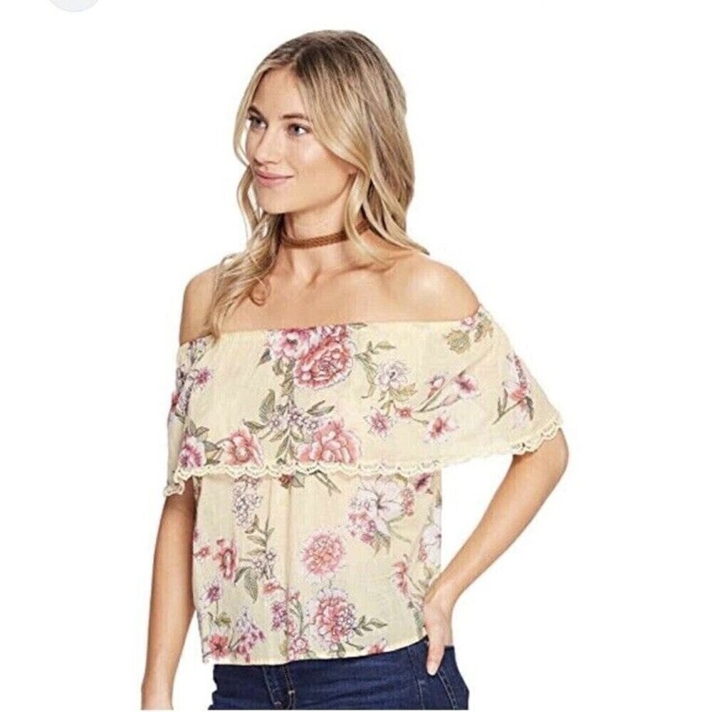 BILLABONG Off Shoulder Floral Print Top Flirt Summer Spring Fling Womens Large